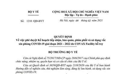 Bộ Y tế hướng dẫn tiếp nhận, bảo quản, phân phối và sử dụng vắc-xin phòng COVID-19 giai đoạn 2021 - 2022 do COVAX Facility hỗ trợ