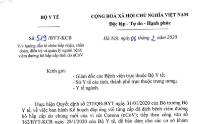 Phiên bản mới của “Hướng dẫn chẩn đoán, điều trị viêm đường hô hấp cấp tính do chủng vi rút Corona mới (2019-nCoV)” và “Hướng dẫn tổ chức tiếp nhận và quản lý người bệnh viêm đường hô hấp cấp tính do chủng vi rút Corona mới (2019-nCoV)” do Bộ Y tế ban hành