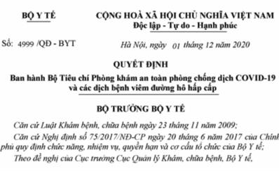 Bộ Y tế ban hành Bộ Tiêu chí Phòng khám an toàn phòng chống dịch COVID-19