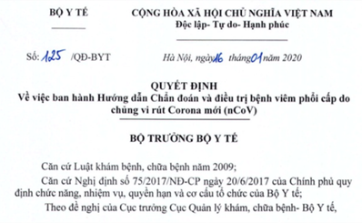 Hướng dẫn chẩn đoán và điều trị bệnh viêm phổi cấp do chủng vi rút Corona mới (nCoV)