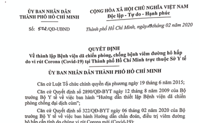 Quyết định thành lập Bệnh viện dã chiến phòng, chống bệnh viêm đường hô hấp do vi rút Corona (Covid-19) tại thành phố Hồ Chí Minh trực thuộc Sở Y tế