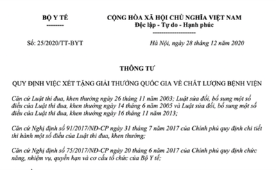 Bộ Y tế ban hành quy định việc xét tặng giải thưởng quốc gia về chất lượng bệnh viện